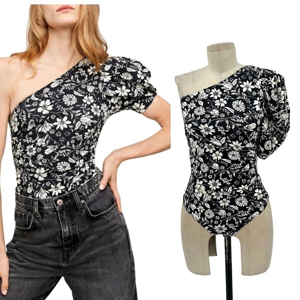 Free People Somethin' 'bout You Floral One Shoulder Bodysuit Black Size XS